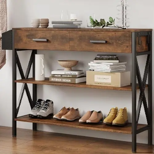 Produktbild: Bealife Konsolentisch, Beistelltisch Holz, Flurtisch mit 2 Schublade und 2-stufigen Ablagefächern, Sofatisch mit stabilem Metallgestell, für Eingang, Flur, Wohnzimmer, 100x29,5x81 cm (Braun)