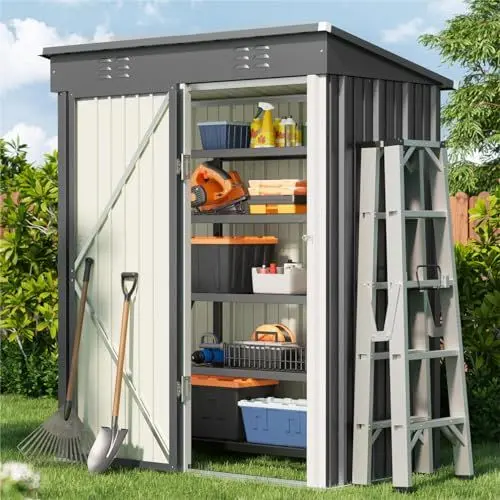 Produktbild: Bealife Metall-Geräteschuppen 180 x 162 x 95 cm, Geräteschuppen aus Stahl, Gartenschuppen, Lagerschuppen im Freien, Gartenhaus für Hinterhof, Terrasse, Rasen (Grau)