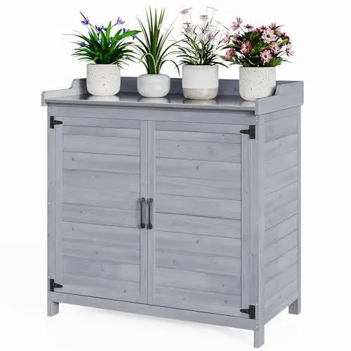 Produktbild: Bealife Pflanztisch mit Unterschrank, Gartenschrank mit Arbeitsplatte mit 1 Bewegbarer Einlegeboden für den Innen- und Außenbereich (Grau, 48T x 98B x 95H)