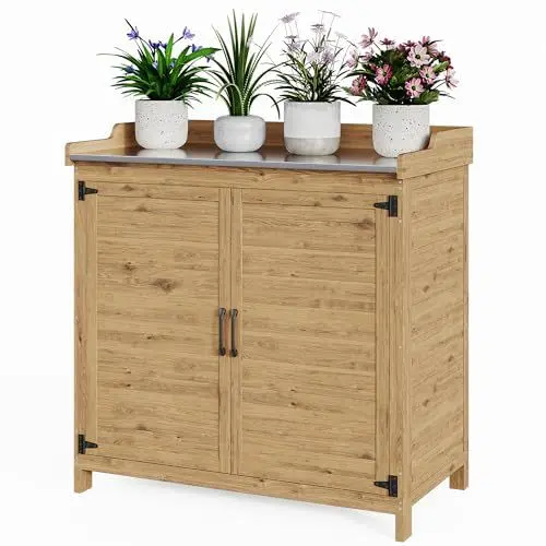 Produktbild: Bealife Pflanztisch mit Unterschrank, Gartenschrank mit Arbeitsplatte mit 1 Bewegbarer Einlegeboden für den Innen- und Außenbereich (Natur, 48T x 98B x 95H)
