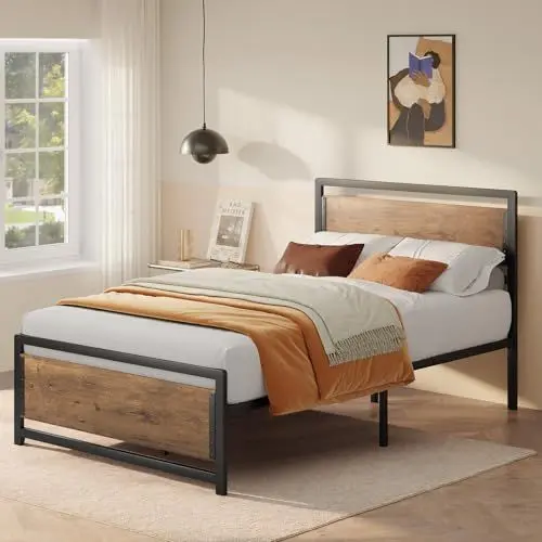 Produktbild: Bealife Plattformbett 120 x 200 cm, Metallrahmenbett 35 cm hoch, Bett mit Holz- und Metallrahmenunterstützung, geräuscharm, robust (Retro, 120x200cm)