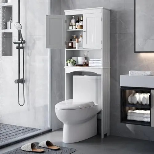 Produktbild: Bealife Toilettenregal, Regal über Toilette mit 3-stufigen verstellbaren Regalen, WC Überbauschrank Freistehend, 167x60x23cm Überbau Toilettenschrank mit Doppeltüren für Badezimmer – Weiß