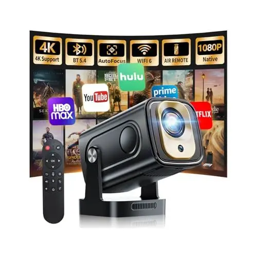 Produktbild: Beamer 1080P mit WiFi & Bluetooth Android Projektor, Mini Beamer 4k mit 270° drehbarer Stand, Tragbarer Projektor Native 4K Full HD Unterstützung Laptop/HDMI/USB/Automatische Trapezkorrektur, Schwarz