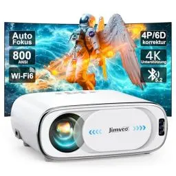 Produktbild: Beamer 4K AI Auto-Objektivdeckel Auto-Fokus Auto-6D Trapezkorrektur Smart Beamer WiFi6 Bluetooth Jimveo 26000L 1080P Full HD Tragbare Projector 50% Zoom,300