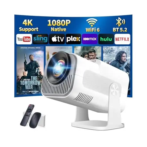 Produktbild: Beamer 4K Projektor Full HD 1080P Android Tragbarer Projektor, Mini Beamer mit WiFi 6 und Bluetooth 5.2 & 270° Dreh Proyector, Intelligenter 4K für PC/HDMI/USB, mit Maus und Fernbedienung, Weiß