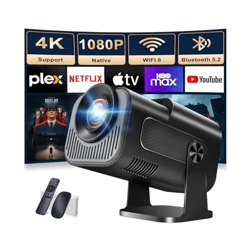 Produktbild: Beamer 4K Projektor Full HD 1080P Android Tragbarer Projektor, Mini Beamer mit WiFi 6 und Bluetooth 5.2 & 270° Dreh Proyector, Intelligenter für PC/HDMI/USB, mit Maus und Fernbedienung,Schwarz