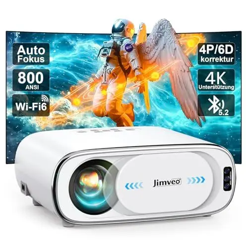 Produktbild: Beamer 4K<strong>Auto-Objektivdeckel/Auto-Fokus:</strong>  Auto-6D Trapezkorrektur Beamer WiFi6 Bluetooth Jimveo 26000L 1080P Full HD Tragbare Projektor Outdoor 300