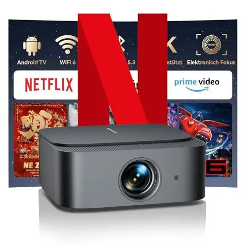 Produktbild: Beamer 4K<strong>Official Netflix & Remote Focus/Trapezkorrektur:</strong>  25000 Lumens Beamer 4K Heimkino Unterstützt, WiFi Bluetooth Smart Projektor Full HD 1080P, Video Projektor Android mit YouTube/Prime Video