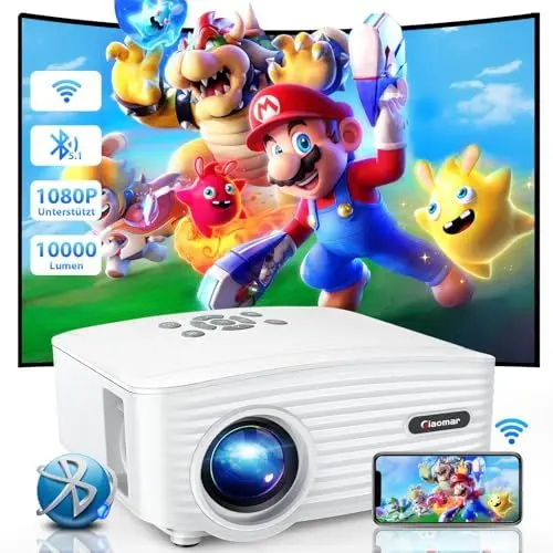 Produktbild: Beamer, Mini Beamer Full HD 1080P Unterstützt, 10000 Lumen 5G WiFi Beamer Bluetooth Video Beamer Heimkino für Handy, Portable Beamer Kompatibel mit Smartphone HDMI USB Laptop Firestick AV PS5
