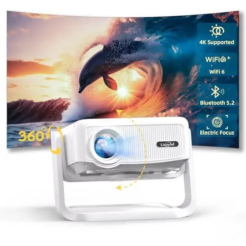 Produktbild: Beamer丨(Elektrischer Fokus丨Auto Keystone) 4K Full HD 1080P Unterstützt,WiFi 6 und Bluetooth丨Mini Beamer, 300 Zoll, 360-Grad-Drehbar Beamer, Ideal für Heimkino丨Outdoor Projektor Kompatibel mit Handy,PC
