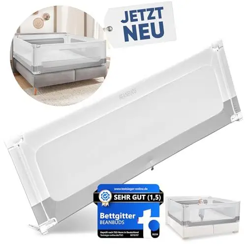 Produktbild: BEANBUDS® Bettgitter Rausfallschutz 180cm (1 Seite) - Bettschutzgitter Lattenrost & Boxspringbett - Baby Gitterschutz Elternbett & Kinderbett - inkl. extra Gurt zur Befestigung - Fallschutz Bett, Grau