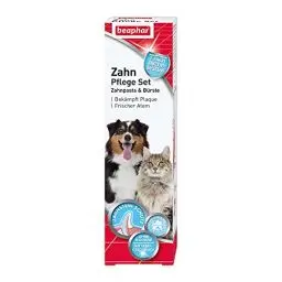 Produktbild: BEAPHAR - Zahnpflege Set Für Hunde Und Katzen - Doppelkopfzahnbürste Und Zahnpasta - Bekämpft Plaque Und Zahnstein - Mit Leber-Geschmack - Ohne Fluoride - Set mit 1 Zahnbürste + 100 g Zahnpasta