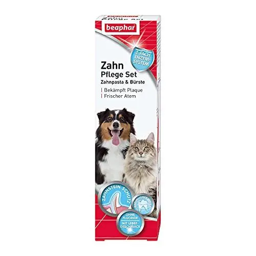 Produktbild: BEAPHAR - Zahnpflege Set Für Hunde Und Katzen - Doppelkopfzahnbürste Und Zahnpasta - Bekämpft Plaque Und Zahnstein - Mit Leber-Geschmack - Ohne Fluoride - Set mit 1 Zahnbürste + 100 g Zahnpasta
