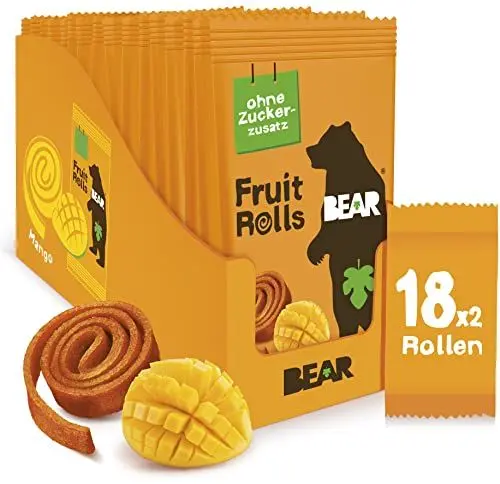Produktbild: BEAR Fruchtrollen Mango | 100% Natürliche Inhaltsstoffe | Ohne Zusatz von Zucker | Gesunder Snack für Kinder & Erwachsene | 18 Beutel x 20g | 360g, Gelb
