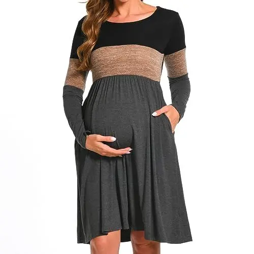 Produktbild: Bearsland Women’s Long Sleeve Maternity Dresses Patchwork Pregnancy Dress with Pocket, Brown, S