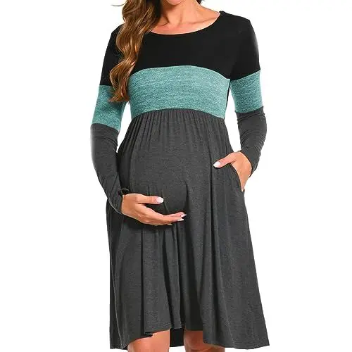 Produktbild: Bearsland Women’s Long Sleeve Maternity Dresses Patchwork Pregnancy Dress with Pocket, Green, L