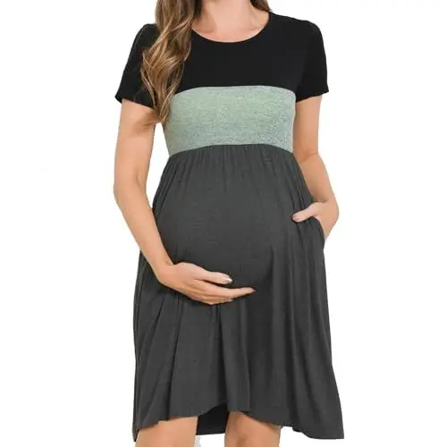 Produktbild: Bearsland Women’s Short Sleeve Maternity Dresses Patchwork Pregnancy Dress with Pocket, Light Green, M