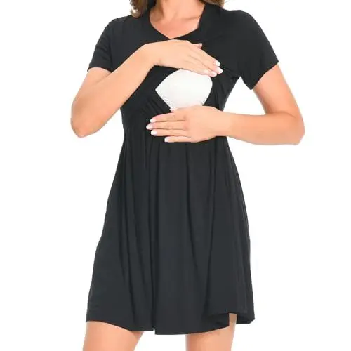 Produktbild: Bearsland Women’s Short Sleeve V-Neck Maternity Nursing Dress for Breastfeeding with Pocket, Black, L