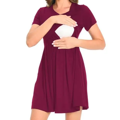 Produktbild: Bearsland Women’s Short Sleeve V-Neck Maternity Nursing Dress for Breastfeeding with Pocket, Wine Red, S
