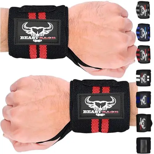 Produktbild: BEAST RAGE Zughilfen für Krafttraining (Fitness Straps) Kreuzheben Gurte Frauen Männer (Gepolstert) Gewichthebergurte Baumwolle Handgelenkstütze Griffe Hantel Bar (Lifting Straps) (‎SchwarzRot)
