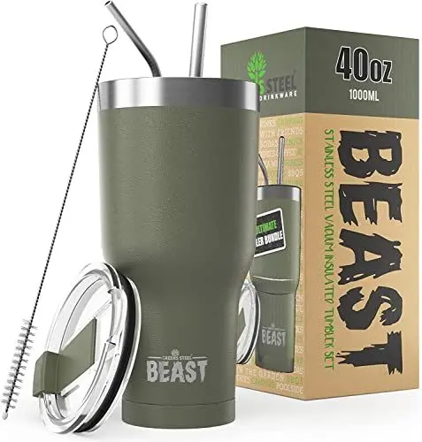 Produktbild: Beast Thermobecher 1050 ml - Armeegrün I Mehrweg Thermo Kaffeebecher To Go mit 2 Strohhalmen & Reinigungsbürste I Doppelwandiger Trinkbecher aus Edelstahl I Perfekt für Kaffee oder Eiskaffee