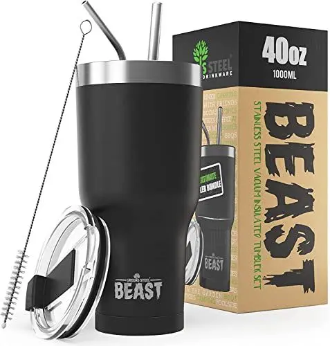 Produktbild: Beast Thermobecher 1050 ml - Matt-schwarz I Mehrweg Thermo Kaffeebecher To Go mit 2 Strohhalmen & Reinigungsbürste I Doppelwandiger Trinkbecher aus Edelstahl I Perfekt für Kaffee oder Eiskaffee