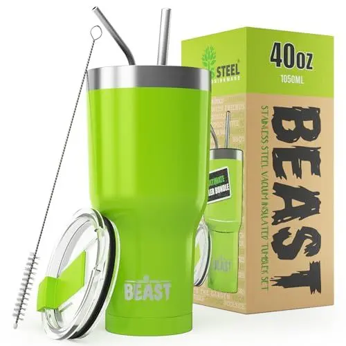Produktbild: Beast Thermobecher 1050 ml - Zitronengrasgrün I Mehrweg Thermo Kaffeebecher To Go mit 2 Strohhalmen & Reinigungsbürste I Doppelwandiger Trinkbecher aus Edelstahl I Perfekt für Kaffee oder Eiskaffee