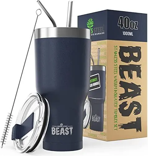 Produktbild: Beast Thermobecher 1050 ml (40 oz) - Navy blau I Mehrweg Thermo Kaffeebecher To Go mit 2 Strohhalmen & Reinigungsbürste I Doppelwandiger Trinkbecher aus Edelstahl I Perfekt für Kaffee oder Eiskaffee