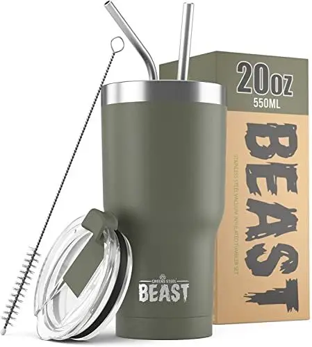 Produktbild: Beast Thermobecher 550 ml - Armeegrün I Mehrweg Thermo Kaffeebecher To Go mit 2 Strohhalmen & Reinigungsbürste I Doppelwandiger Trinkbecher aus Edelstahl I Perfekt für Kaffee oder Eiskaffee I BPA-frei