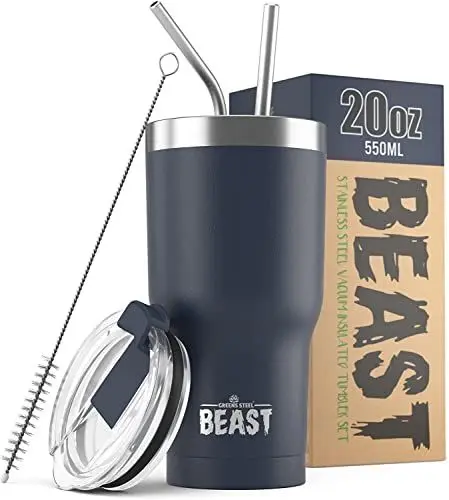 Produktbild: Beast Thermobecher 550 ml - Navy blau I Mehrweg Thermo Kaffeebecher To Go mit 2 Strohhalmen & Reinigungsbürste I Doppelwandiger Trinkbecher aus Edelstahl I Perfekt für Kaffee oder Eiskaffee I BPA-frei