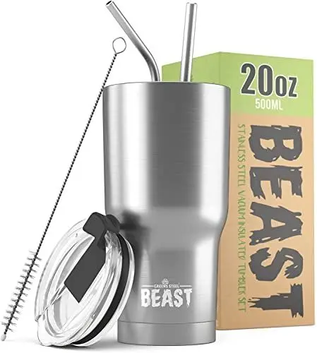Produktbild: Beast Thermobecher 550 ml - Silber I Mehrweg Thermo Kaffeebecher To Go mit 2 Strohhalmen & Reinigungsbürste I Doppelwandiger Trinkbecher aus Edelstahl I Perfekt für Kaffee oder Eiskaffee I BPA-frei