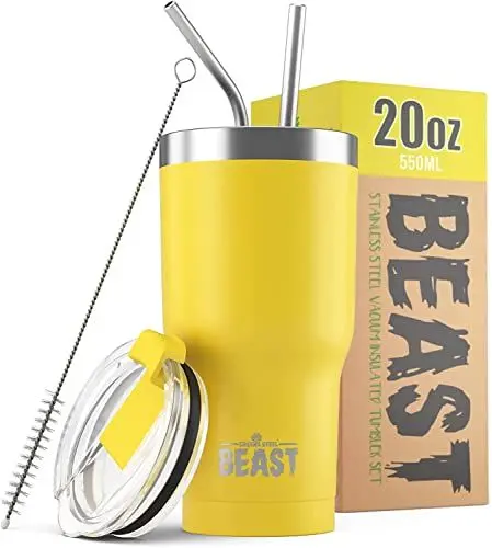 Produktbild: Beast Thermobecher 550 ml - Zitrone I Mehrweg Thermo Kaffeebecher To Go mit 2 Strohhalmen & Reinigungsbürste I Doppelwandiger Trinkbecher aus Edelstahl I Perfekt für Kaffee oder Eiskaffee I BPA-frei