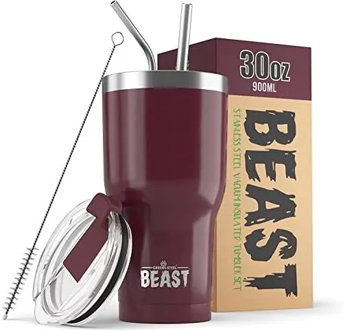 Produktbild: Beast Thermobecher 900 ml - Cranberry I Mehrweg Thermo Kaffeebecher To Go mit 2 Strohhalmen & Reinigungsbürste I Doppelwandiger Trinkbecher aus Edelstahl I Perfekt für Kaffee oder Eiskaffee I BPA-frei