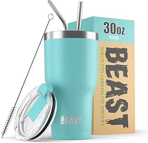 Produktbild: Beast Thermobecher 900 ml - Aquamarinblau I Mehrweg Thermo Kaffeebecher To Go mit 2 Strohhalmen & Reinigungsbürste I Doppelwandiger Trinkbecher aus Edelstahl I Perfekt für Kaffee oder Eiskaffee