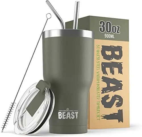 Produktbild: Beast Thermobecher 900 ml - Armeegrün I Mehrweg Thermo Kaffeebecher To Go mit 2 Strohhalmen & Reinigungsbürste I Doppelwandiger Trinkbecher aus Edelstahl I Perfekt für Kaffee oder Eiskaffee I BPA-frei