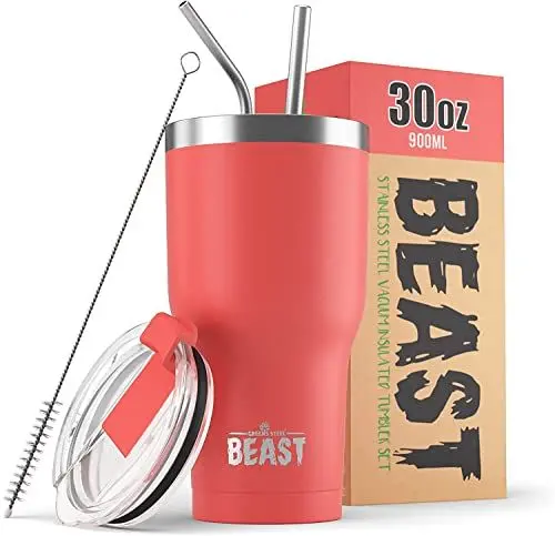Produktbild: Beast Thermobecher 900 ml - Koralle I Mehrweg Thermo Kaffeebecher To Go mit 2 Strohhalmen & Reinigungsbürste I Doppelwandiger Trinkbecher aus Edelstahl I Perfekt für Kaffee oder Eiskaffee I BPA-frei