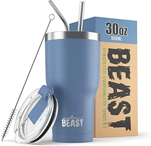 Produktbild: Beast Thermobecher 900 ml - Stürmischer Himmel I Mehrweg Thermo Kaffeebecher To Go mit 2 Strohhalmen & Reinigungsbürste I Doppelwandiger Trinkbecher aus Edelstahl I Perfekt für Kaffee oder Eiskaffee