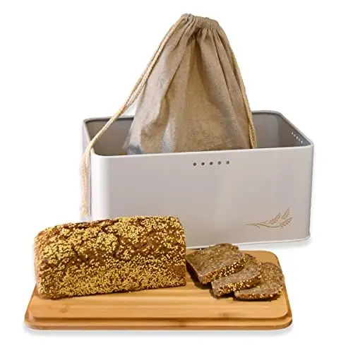 Produktbild: beaulife® 👌 Frischhaltewunder Brotkasten Brotdose Brotbox mit Leinen-Brotsack Bambusdeckel, Schneidebrett, 33 x 21 x 16 cm Metall mattweiß