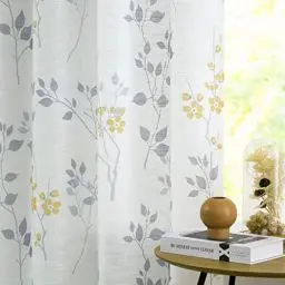 Produktbild: Beauoop Gelb Grau Voile Vorhänge Blätter Blumen Muster Leinenoptik Vorhänge mit Ösen für Wohnzimmer Botanisch Halbtransparent Ösenvorhang für Bauernhaus Schlafzimmer 2er Set, 127 x 175cm (HxB)