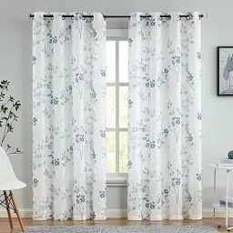 Produktbild: Beauoop Blau Grau Voile Vorhänge Blätter Blumen Muster Leinenoptik Vorhänge mit Ösen für Wohnzimmer Botanisch Halbtransparent Ösenvorhang für Bauernhaus Schlafzimmer 2er Set, 127 x 245cm (HxB)