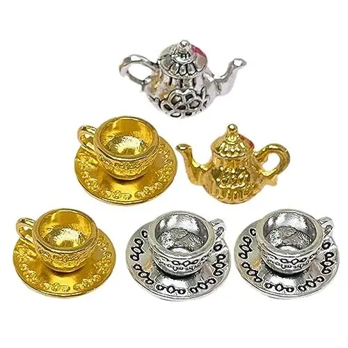 Produktbild: Beaupretty 2 Sätze Miniatur Teeset aus Teiliges Set mit und Tassen Gold und Silber Realistische Puppenhaus Zubehör Dekoratives Mini Tee Accessoire für Puppenstube Langlebig und Kompakt