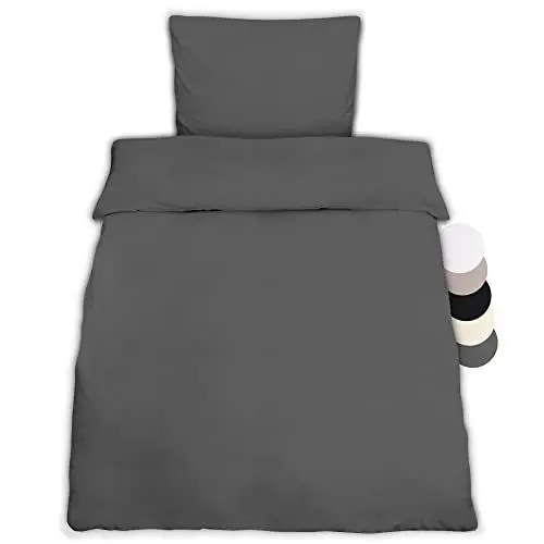 Produktbild: Beautissu 1er Set Renforcé Bettwäsche Set 135x200 cm Julie - Kissenbezug 80x80cm – Bettwäsche mit 1x Bettbezug & 1x Kopfkissenbezug - 2teilige Kühlende Sommerbettwäsche aus Baumwolle in Anthrazit