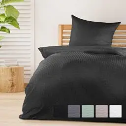 Produktbild: Beautissu 2tlg Seersucker Bettwäsche 135x200 cm & Kopfkissen Bezug 80x80 cm – Bügelfrei Bettwäsche-Sets Bettbezug 135x200 – Hautfreundlich Bettwaren & Bettwäsche Schwarz – Meline