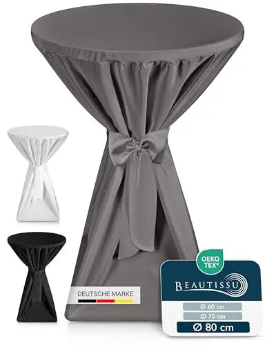 Produktbild: Beautissu Premium Stehtischhusse Blickdicht Anthrazit Ø 80-85 cm – rutschfest Bügelfrei & 40°C Waschbar Stehtischüberzug mit Schleifenband – Husse für Stehtisch Bistrotisch Bartisch Gastronomie