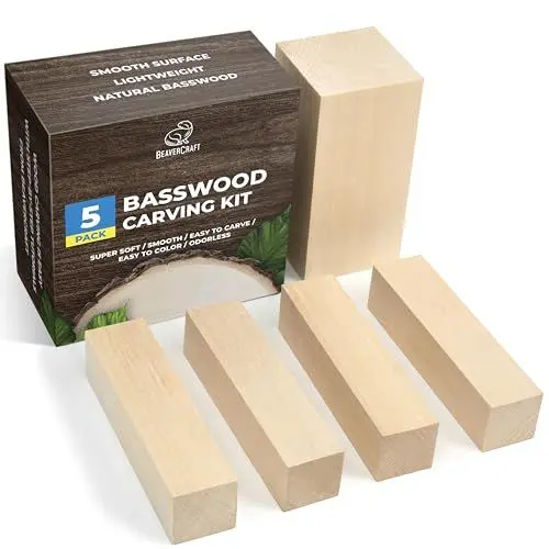 Produktbild: BeaverCraft Holzblöcke aus Lindenholz BW1 1 Stück - 10x5x5 cm 4 Stück – 2x2x10 cm Lindenholz Basswood zum Schnitzen für Anfänger Schnitzholz für Kinder und Erwachsene Holz zum Schnitzen Hobby Kit