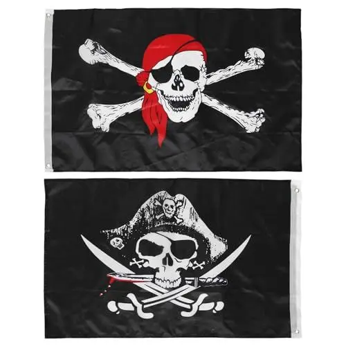 Produktbild: Beavorty 2 Stück Halloween- Piratenflaggen 90 * 60 cm Jolly Roger Piratenflagge Schädelknochen Piratenbanner Halloween Retro- Dekorationen Flagge für - Party- Heimdekoration