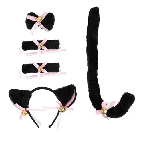 Produktbild: Beavorty Schwarzes Katzenkostüm-Set für Erwachsene und Kinder, Katzen-Cosplay-Kostüm, Katzenohren, Stirnband und mit Kragen, Set für Halloween, Weihnachten, Party