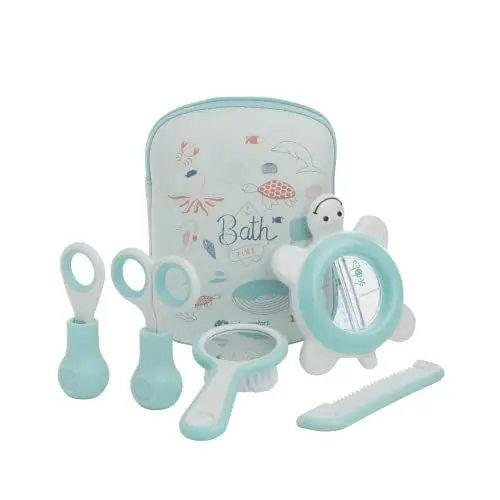 Produktbild: Bebeconfort Babypflege-Set, Inklusive Babyhaarbürste, Babykamm mit Babyspiegel, Baby-Nagelknipser, Babyschere und Baby-Badethermometer, 0m+, Water World