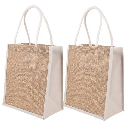 Produktbild: BEBEMOKO 2 Stück Jute Einkaufstaschen Mit Griff Wiederverwendbare Tragetaschen Für Und Einkäufe Und Langlebig Ideal Für Partys Und Den Täglichen Gebrauch
