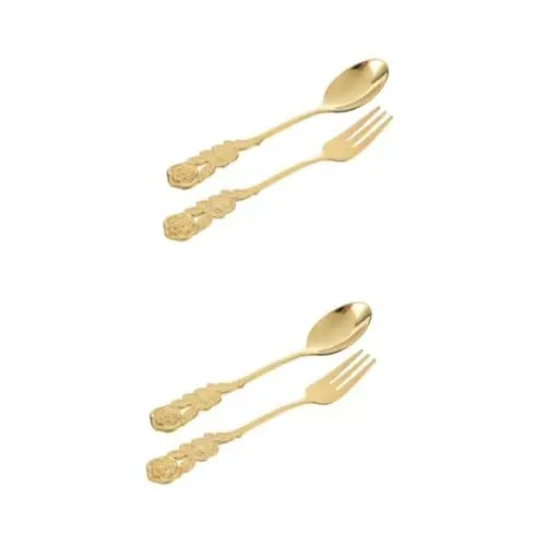 Produktbild: BEBEMOKO 2st Kombination Aus Rosengabel Und -löffel Zuckerlöffel Verkostungsgabeln Serviergabeln Modernes Silberbesteck Vorspeisengabeln Suppenlöffel Silberbesteck Golden Edelstahl 304